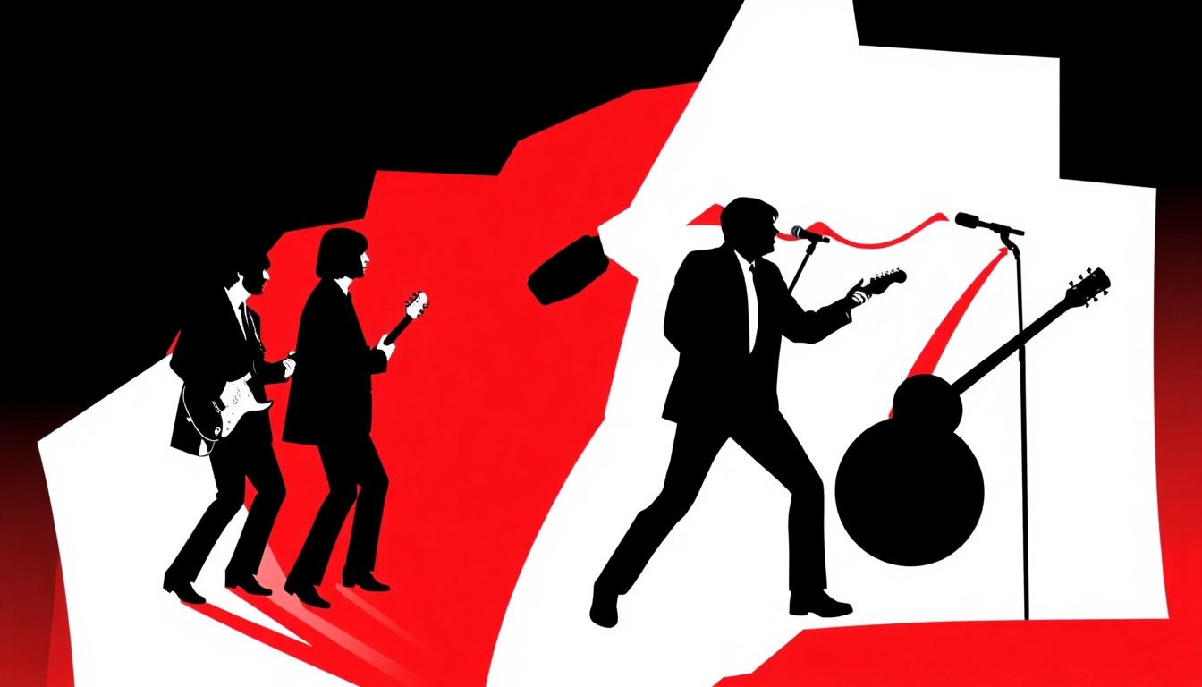 An abstract, minimalist illustration featuring jagged, geometric black silhouettes and bold splashes of red and white, conceptually representing the musical rivalry between the Beatles and Rolling Stones tribute bands.
