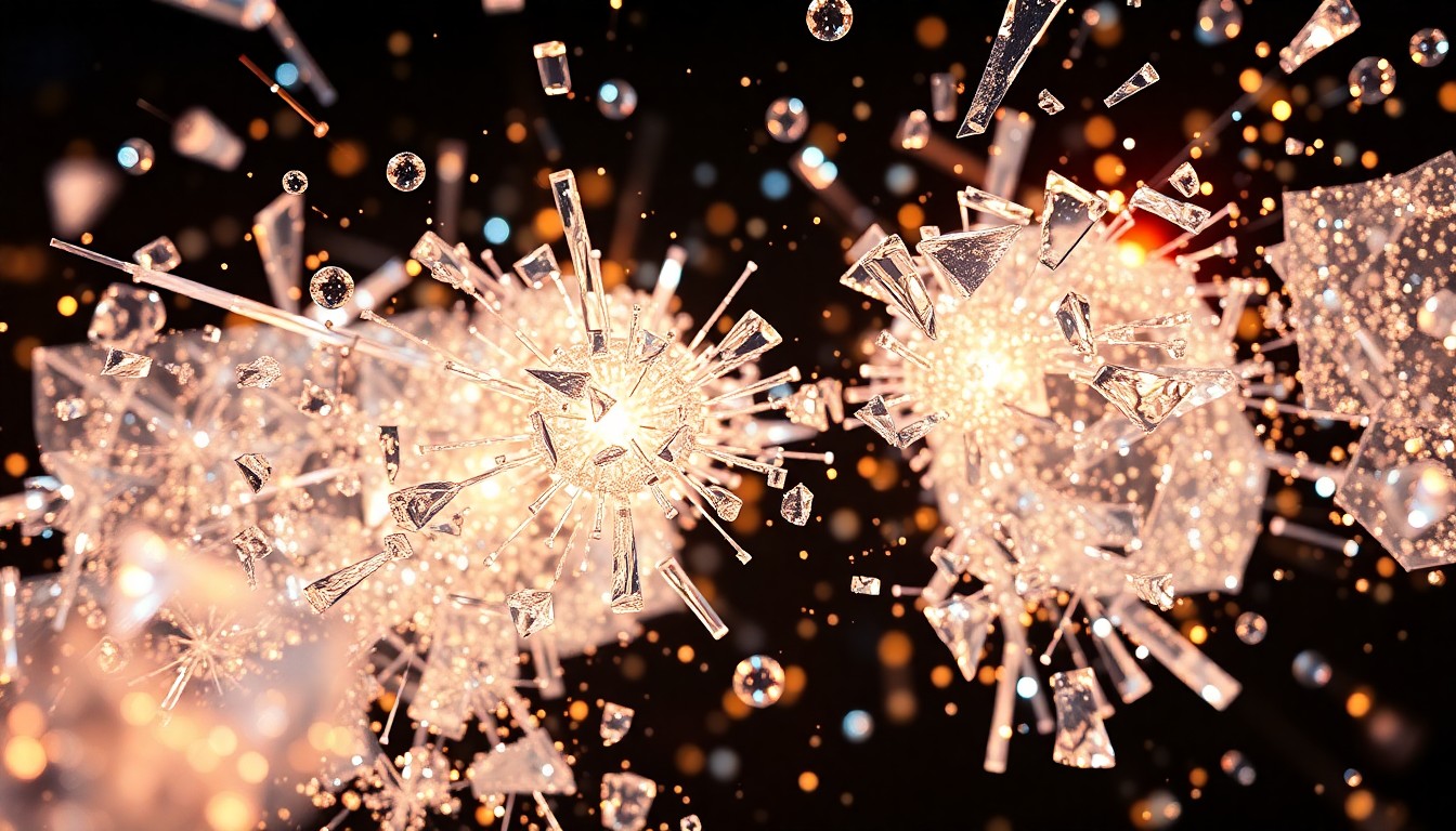 An extreme macro photograph of shattered glass and glittering lights, capturing the energy and excitement of a Jeopardy! champion's record-breaking run.