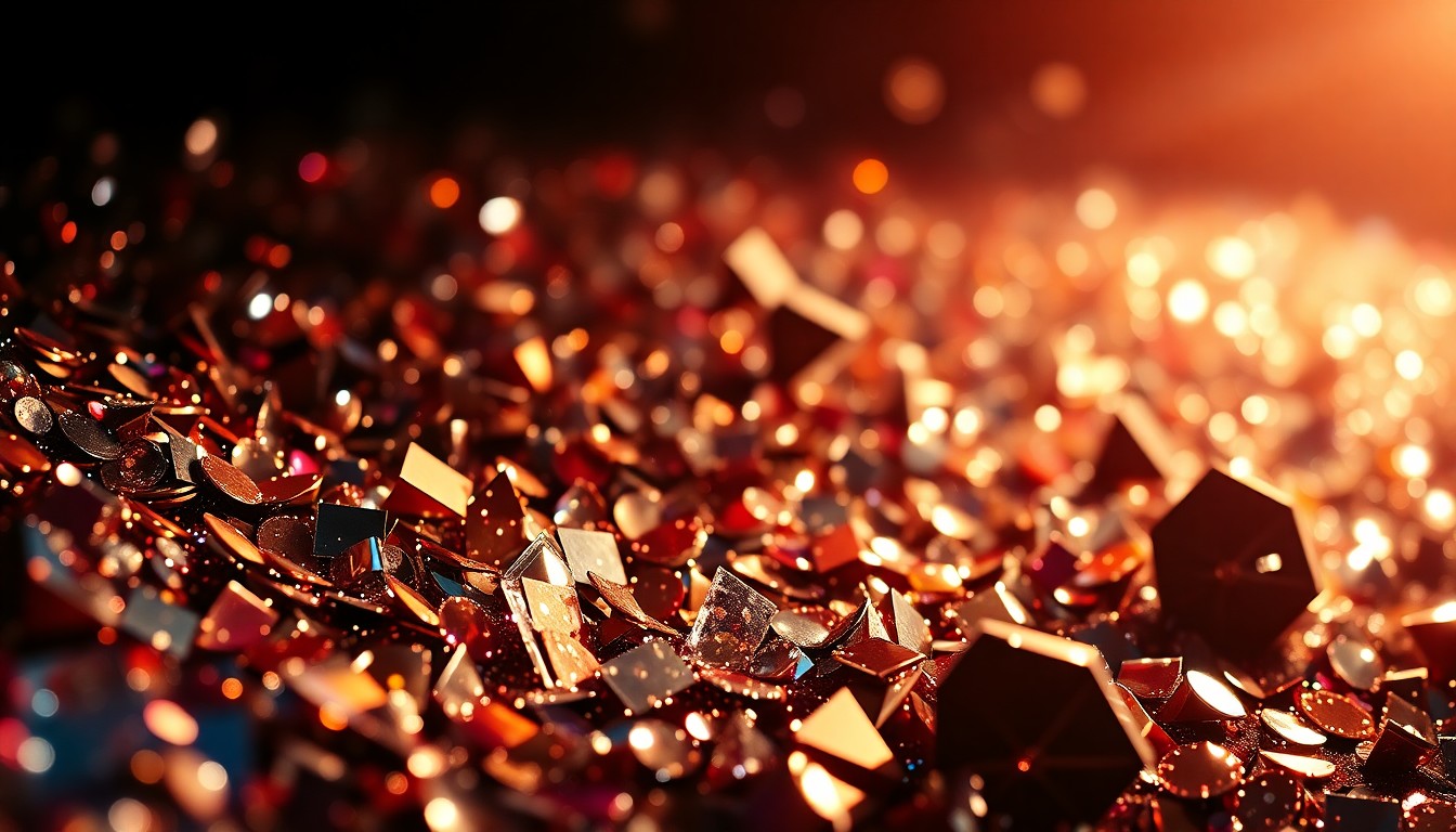 An abstract close-up photograph featuring a high-contrast composition of sparkling sequins and shattered glass, conveying the glamour and excitement of country music awards and live shows.
