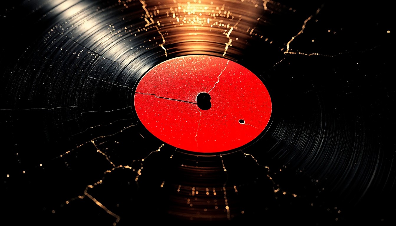 An abstract close-up photograph of a cracked, glittering vinyl record surface, capturing the vintage rock and roll aesthetic of Cream's expanded album reissue.