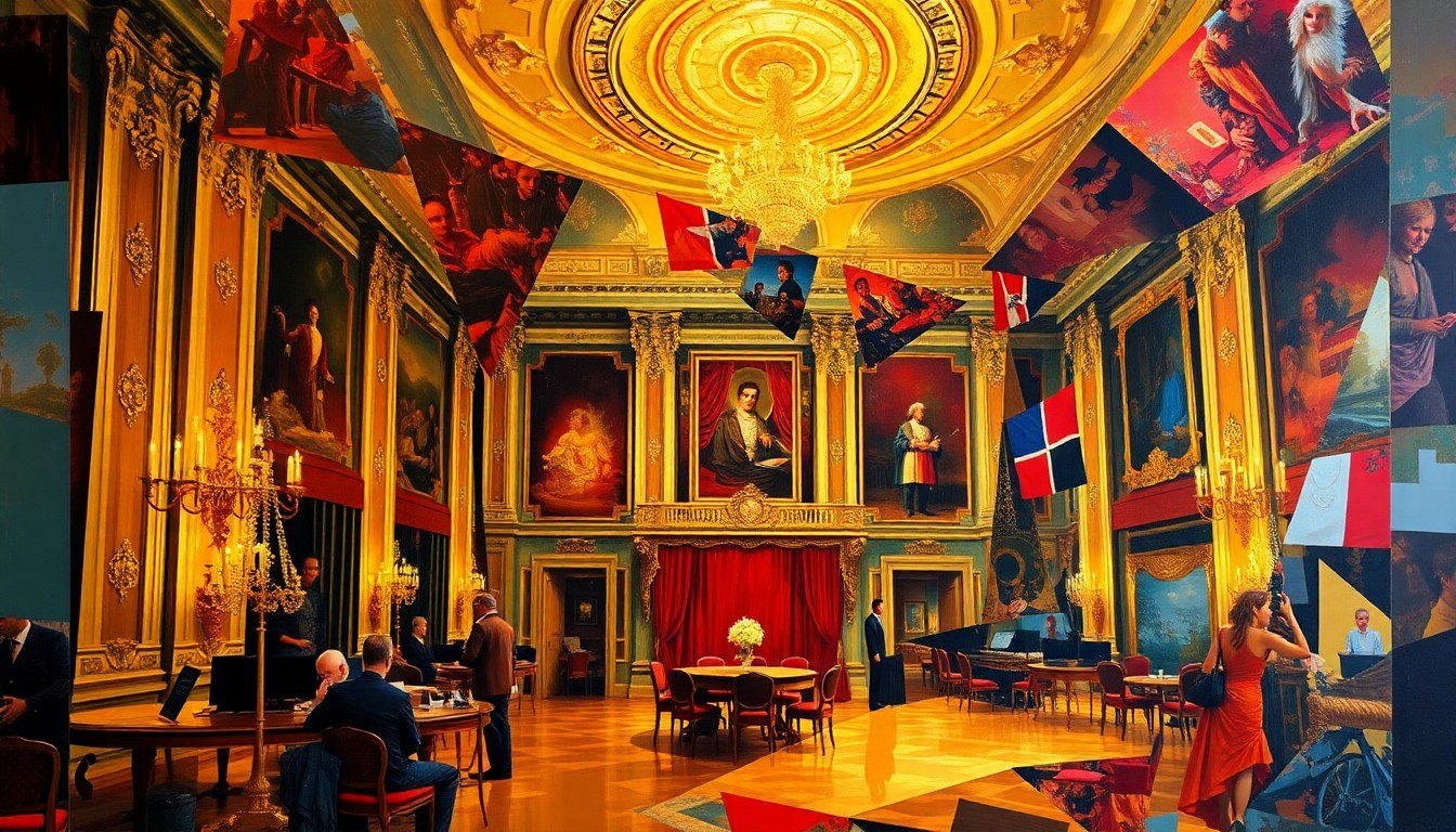 A vibrant, fractured painting of an ornate ballroom interior, with the room's details repeated and overlapping in a sense of motion and energy, conceptually representing the political tensions surrounding a former president's efforts to maintain control over his private properties.