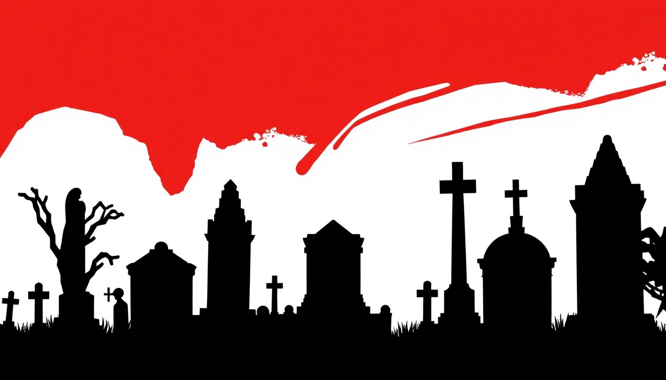 A minimalist, abstract illustration featuring sharp, geometric black silhouettes of cemetery monuments and architecture set against a high-contrast red and white background, conveying the bold, graphic aesthetic of the Illumine festival.