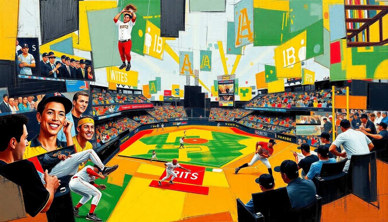 A dynamic, fragmented painting in bold, contrasting colors depicting the motion and energy of a baseball game or player, reflecting the Pirates' potential franchise-altering trade.