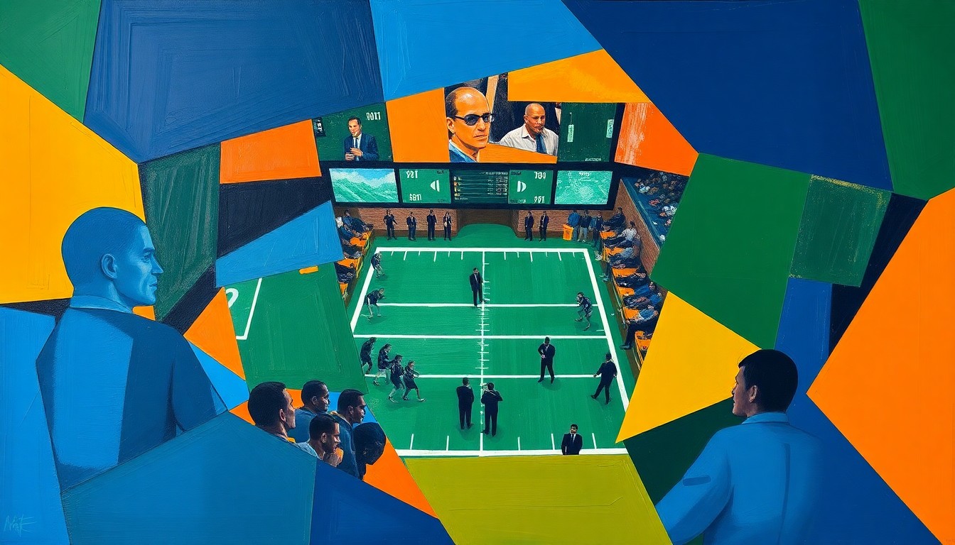 A cubist, geometric painting featuring overlapping planes of navy, green, and orange, conceptually representing the uncertainty and drama of the upcoming NFL Draft.