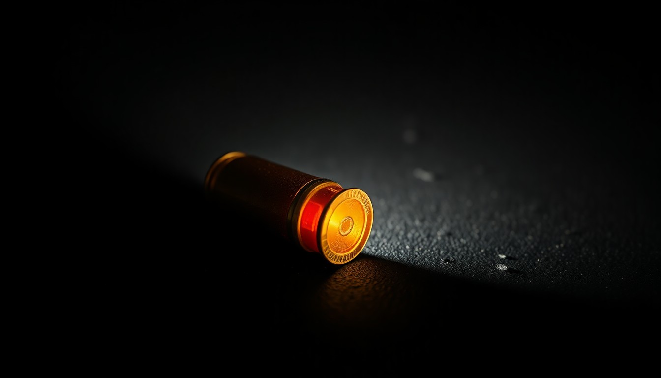 An extreme close-up photograph of a single spent shell casing on a dark, textured surface, lit by a harsh, direct camera flash, conceptually illustrating the aftermath of a tragic shooting incident.