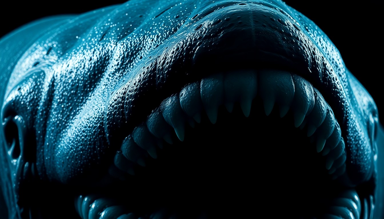 An extreme close-up photograph of a sperm whale's glistening, textured skin and teeth, captured in dramatic high-contrast studio lighting to create a sense of scale, power, and danger.