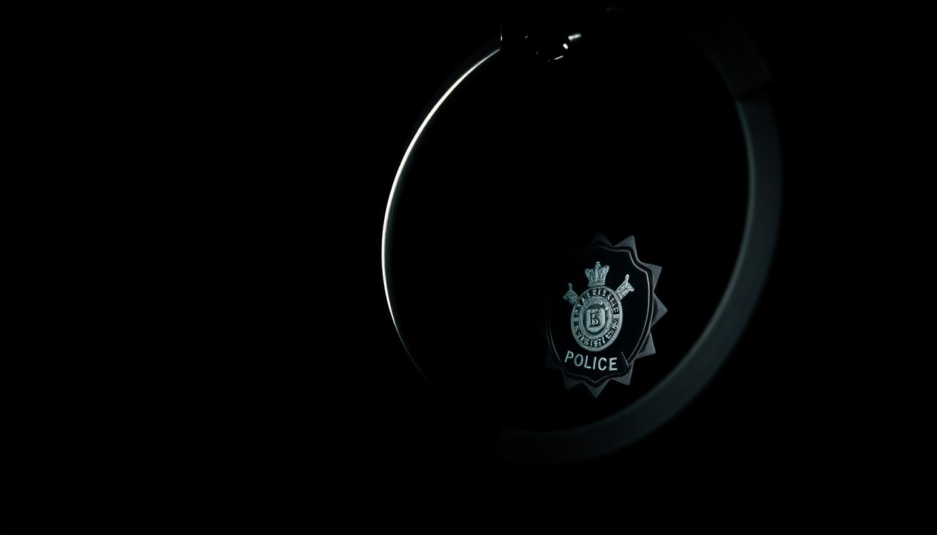 An extreme close-up photograph of a pair of handcuffs against a stark black background, conceptually representing the investigation into alleged criminal behavior.