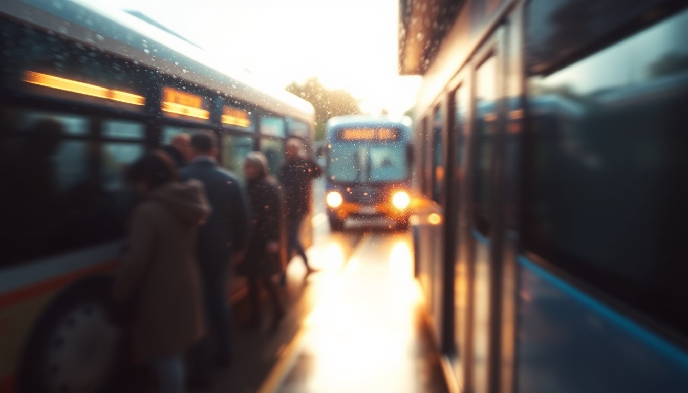 An abstract, impressionistic image of people boarding a public transit bus, with the scene blurred and obscured in a hazy, dreamlike wash of warm colors and soft, out-of-focus light, conveying the mood of sustainable transportation.