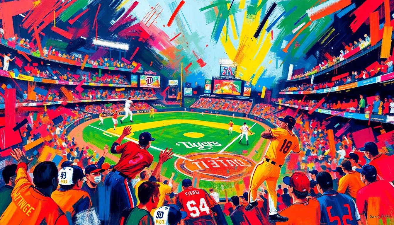 An abstract, expressionist painting in vibrant neon colors capturing the raw emotion and energy of a baseball game, with the players, ball, and stadium blending into a frenetic, colorful scene.