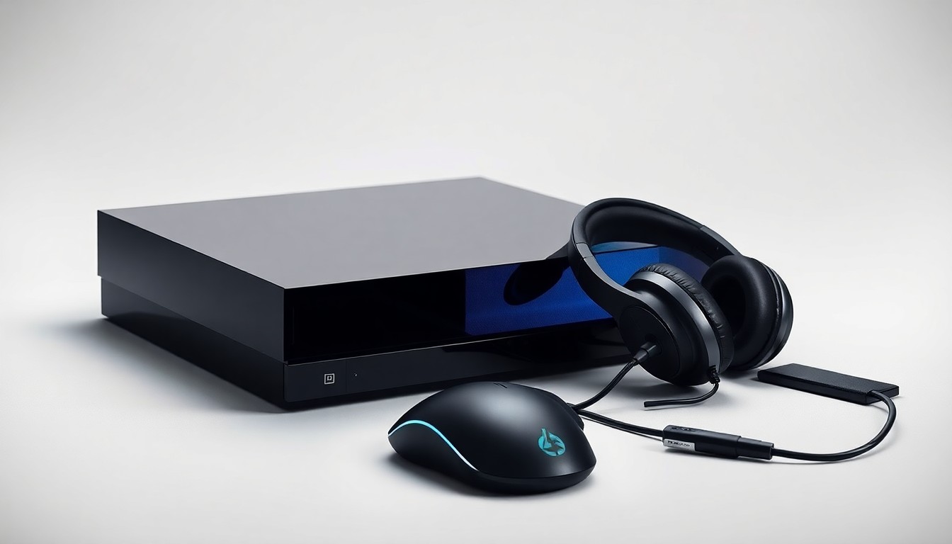 A high-end, photorealistic studio still-life photograph featuring a sleek, modern gaming console with a glowing display, surrounded by premium gaming accessories like a high-end mouse and headphones, all arranged elegantly on a clean, monochromatic background, conceptually representing the exclusivity and sophistication of the Plaza's new high-limit gaming room.