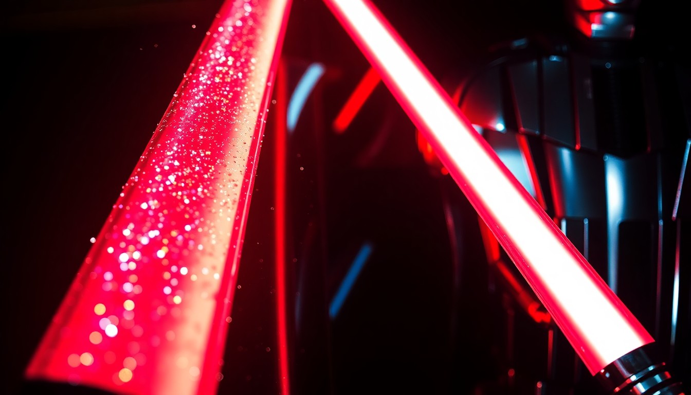 An extreme close-up of shimmering, glittering Star Wars-themed textures like lightsaber blades and chrome armor, shot in dramatic high-contrast studio lighting to create a glamorous, high-fashion aesthetic.