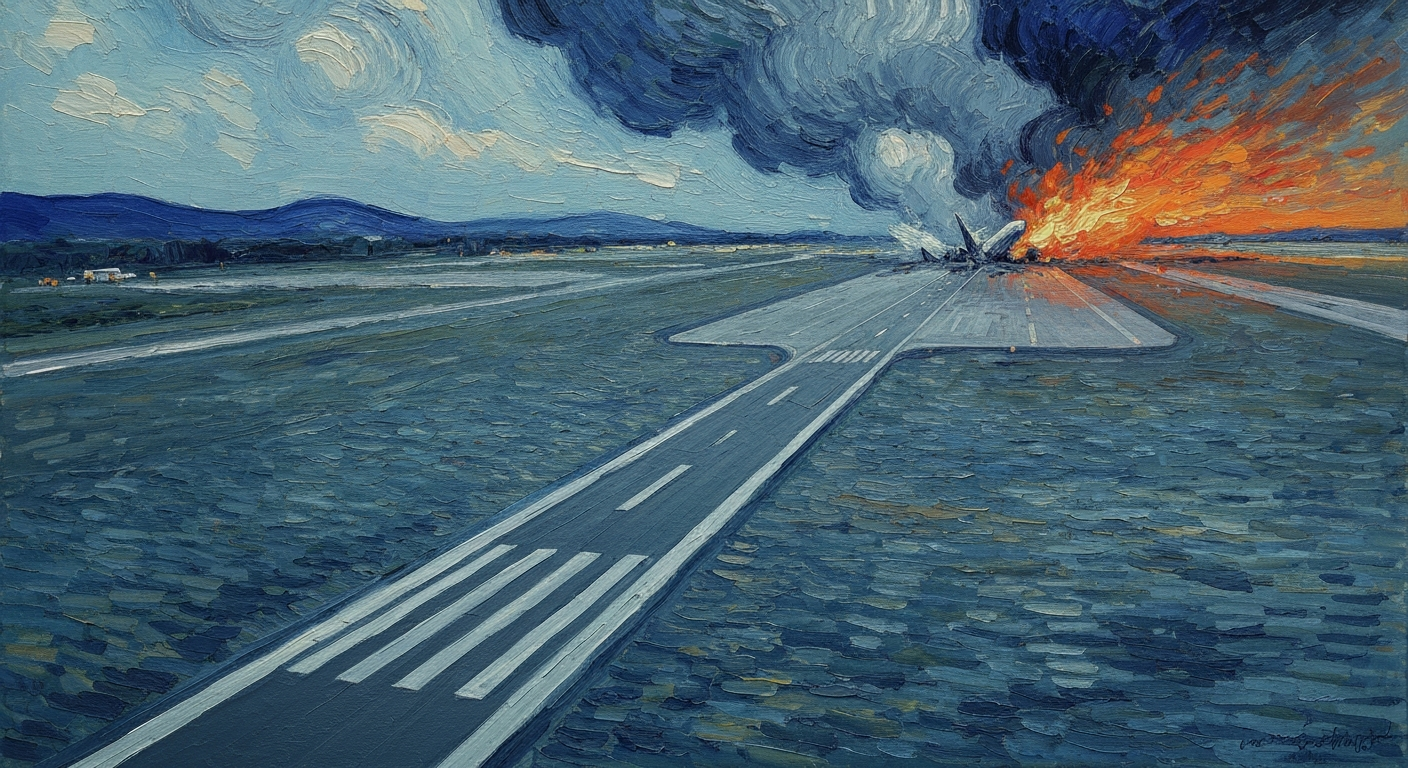 An abstract, heavily textured oil painting in the style of Van Gogh, depicting an aerial view of an airport runway with a crashing plane in the distance, using a somber color palette to convey the emotional weight of the incident.