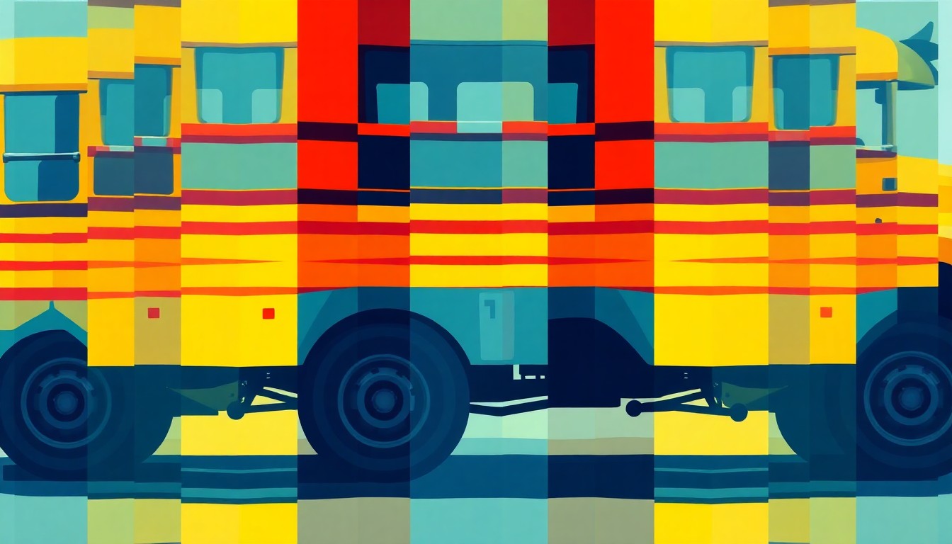 A dynamic, fragmented painting of a school bus in motion, with the vehicle's components repeated in overlapping geometric patterns of bold primary colors, conceptually representing the tensions and conflicting messages around a planned protest against education policies.
