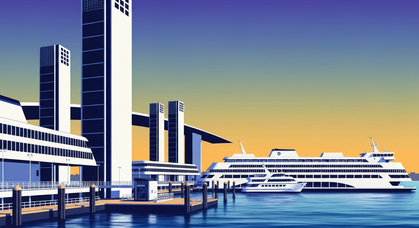 A bold, geometric illustration depicting the towering forms of a ferry terminal and docked boats, with a sleek, airbrushed gradient background evoking the Hudson River. The conceptual image captures the grand scale and sweeping perspectives of travel infrastructure.