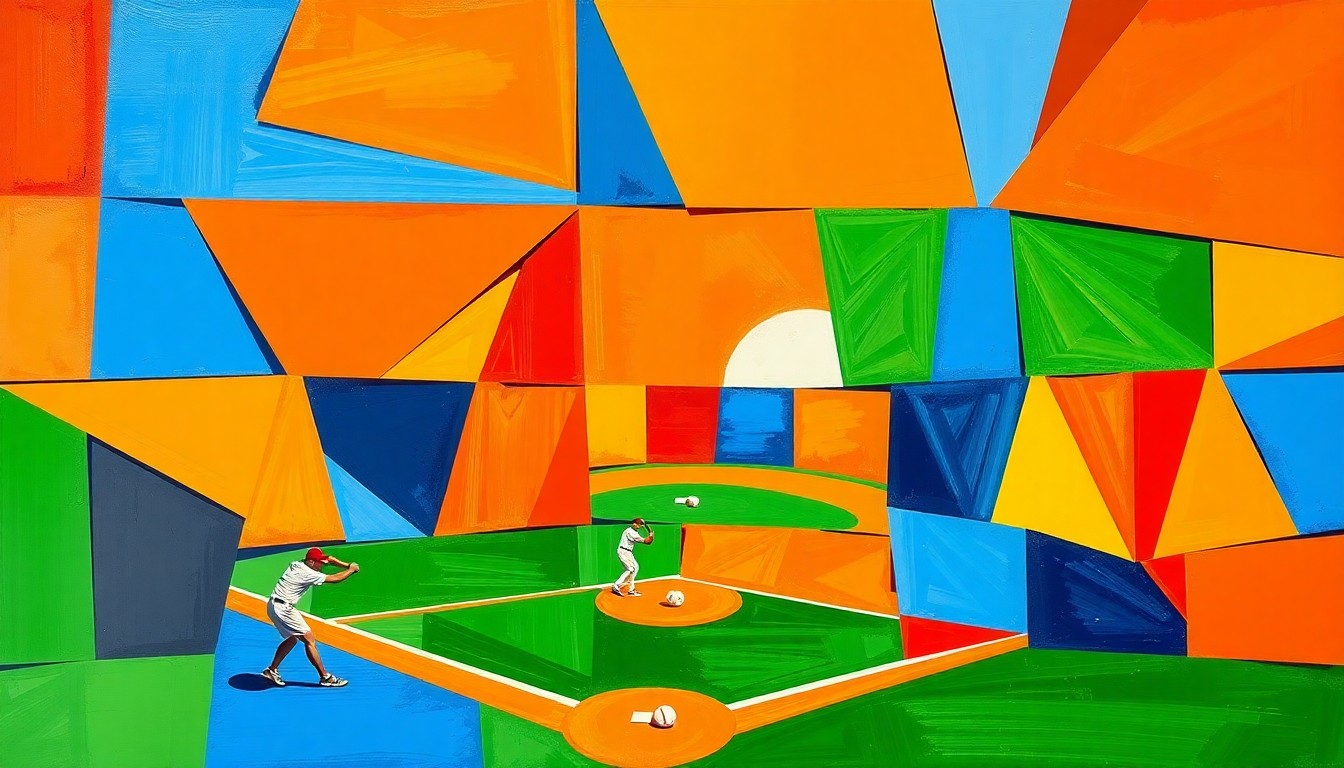 A dynamic, cubist-inspired illustration depicting the action and energy of a softball game, with players and the field broken down into abstract geometric shapes and planes of color.