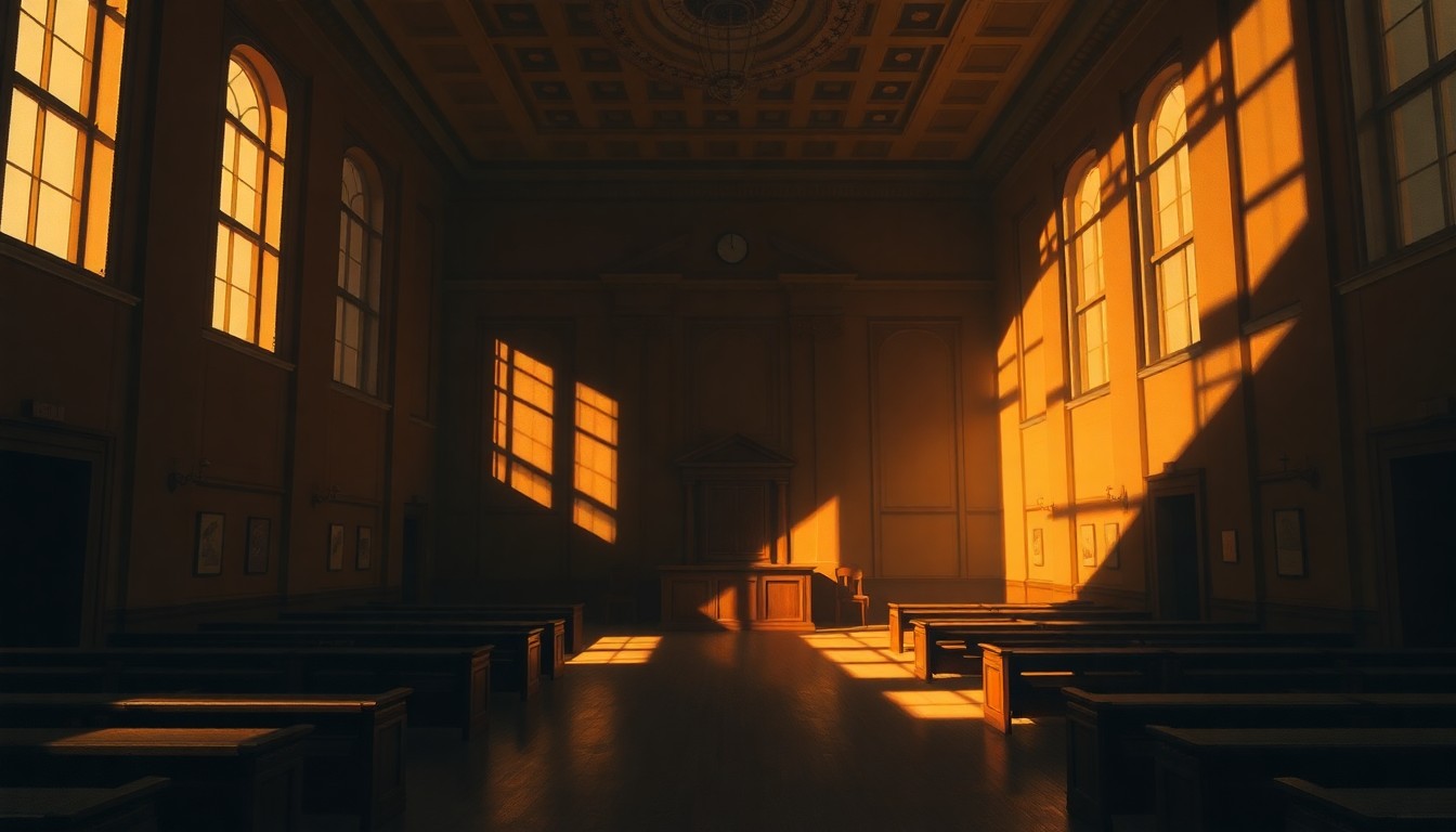 A dimly lit, cinematic painting of an empty government building interior, with warm light streaming through the windows and long shadows cast across the floor, conveying a sense of quiet contemplation and civic unease.
