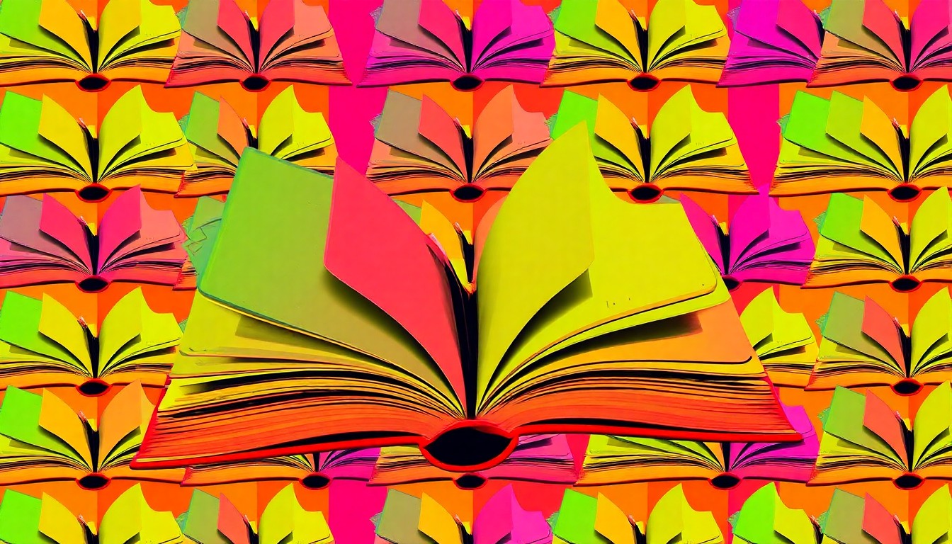 A brightly colored, high-contrast silkscreen print of an open book with pages fluttering, repeated in a tight grid pattern, conceptually representing the celebration of reading and literary analysis skills among local students.