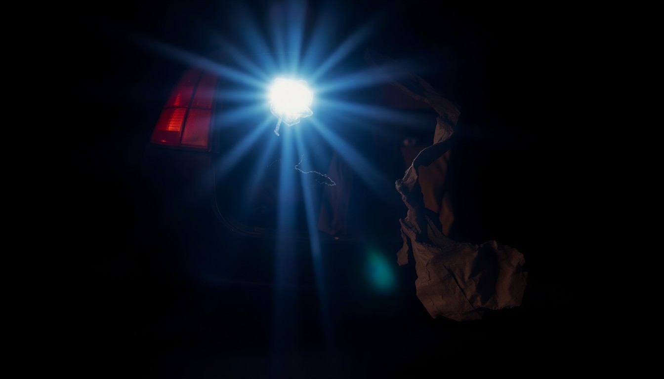 An extreme close-up photograph of a crumpled, damaged car part or piece of evidence, lit by a harsh, direct camera flash against a pitch-black background, conveying a stark, gritty, investigative aesthetic.