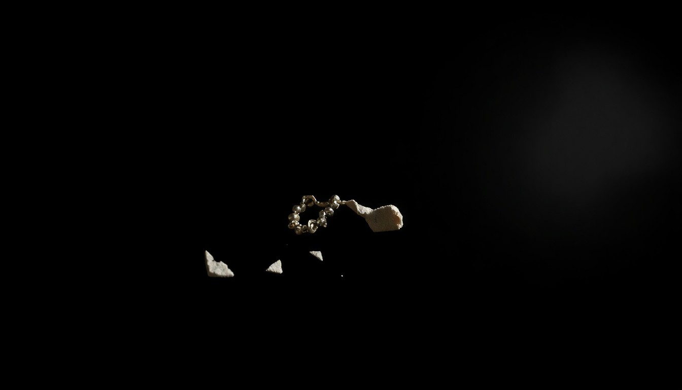 An extreme close-up photograph of a torn and crumpled piece of fabric, its harsh lighting and stark black background creating a gritty, investigative mood around the crime scene evidence.