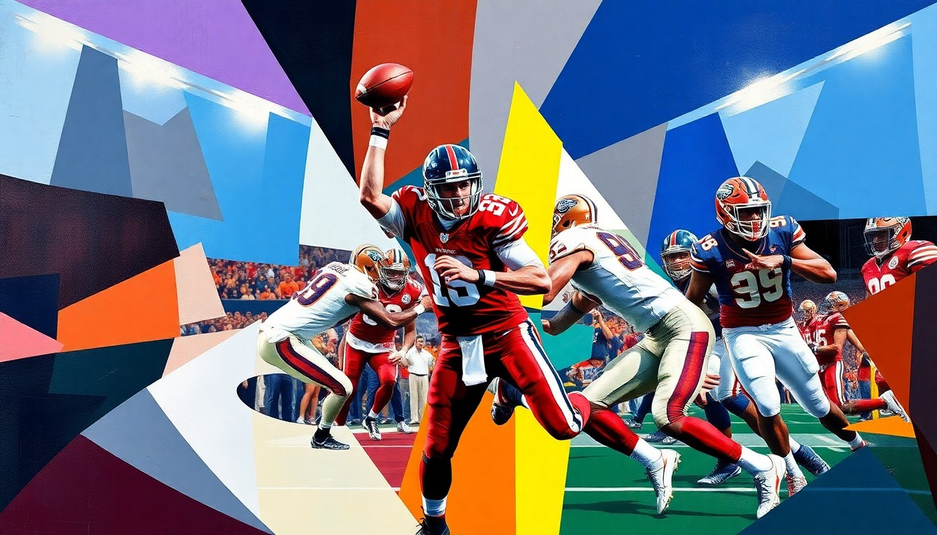 A cubist, geometric painting depicting a football player in motion, with sharp, overlapping planes of color representing the dynamic action of the game.