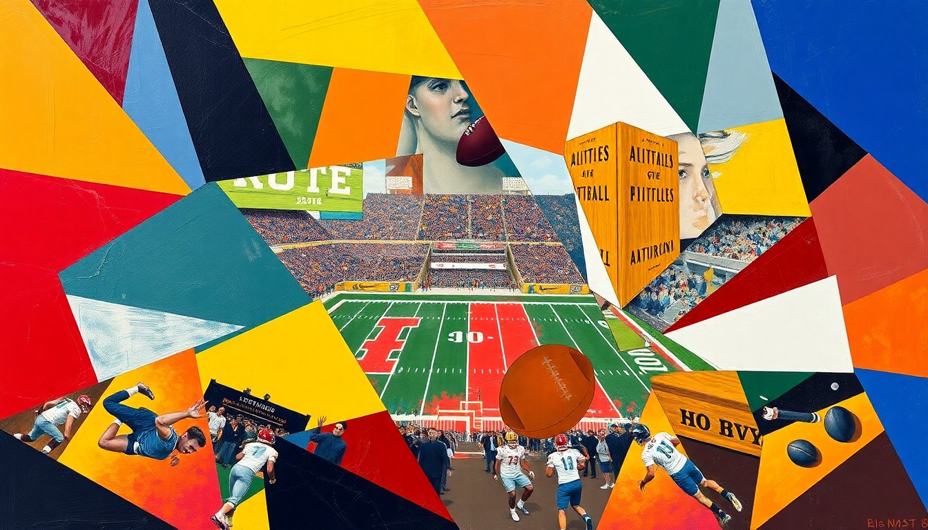 A cubist, fragmented painting depicting a college football game broken down into sharp, overlapping geometric shapes and planes in the team's official colors, conveying the conceptual changes to the sport's schedule.