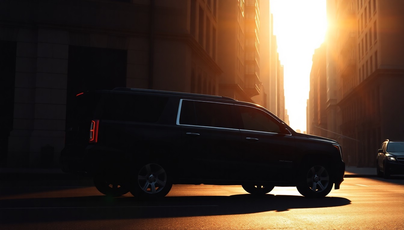 A realistic painting of a large black SUV parked on a dimly lit urban street, with warm diagonal sunlight casting deep shadows across the scene, conceptually representing the departure of a prominent political figure.