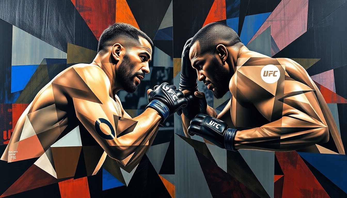 A cubist, geometric painting depicting the intense UFC heavyweight fight between Josh Hokit and Curtis Blaydes, with sharp, overlapping planes of color and form representing the dynamic action and clash of personalities in the octagon.