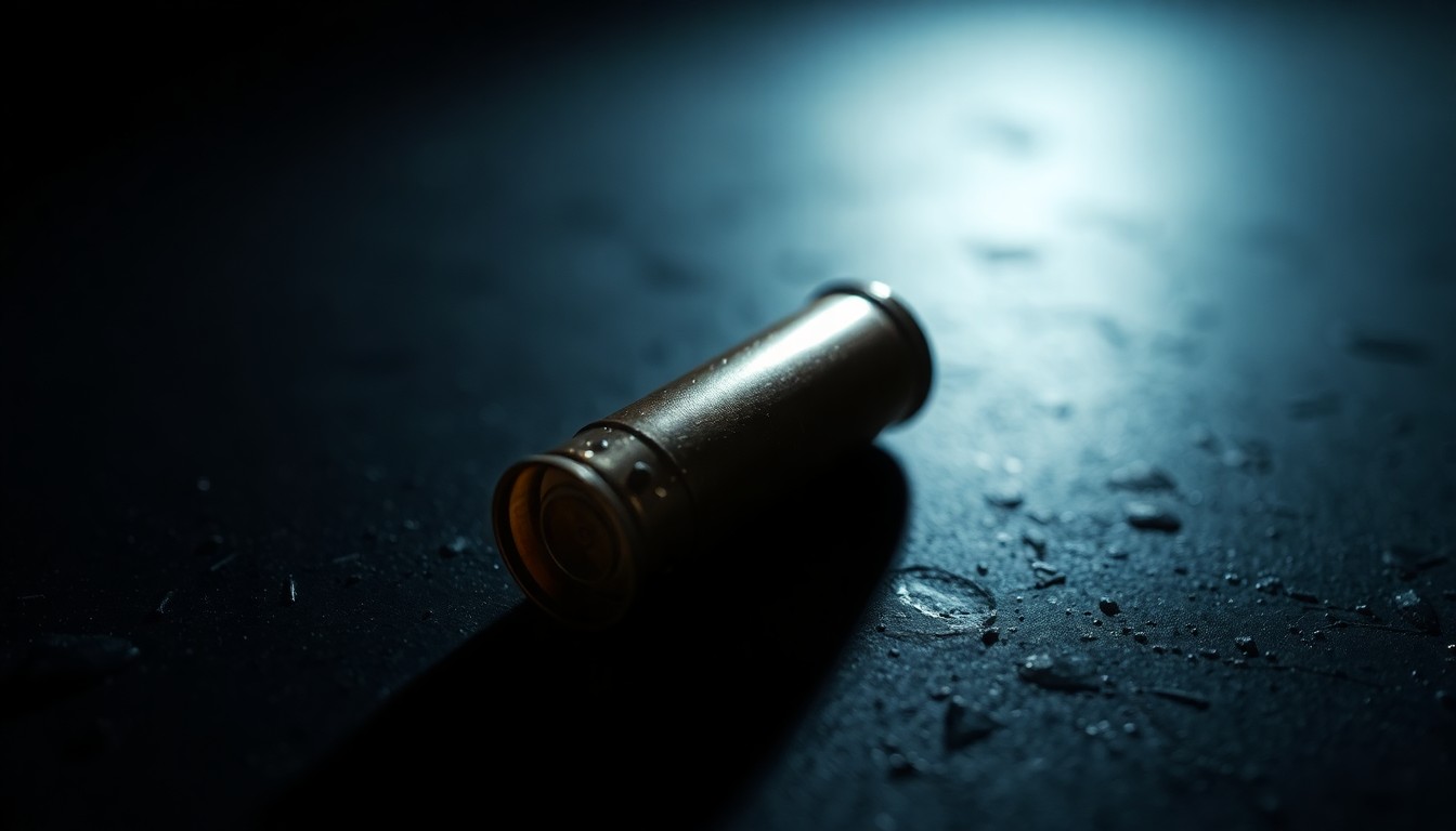 An extreme close-up photograph of a spent shell casing on a dark surface, lit by a harsh, direct camera flash, conceptually representing the evidence of a violent crime.