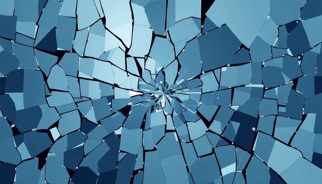 A fragmented, abstract painting of a broken digital display, with overlapping geometric shapes and waves of muted colors representing the fractured trust and consequences of the AI image controversy.