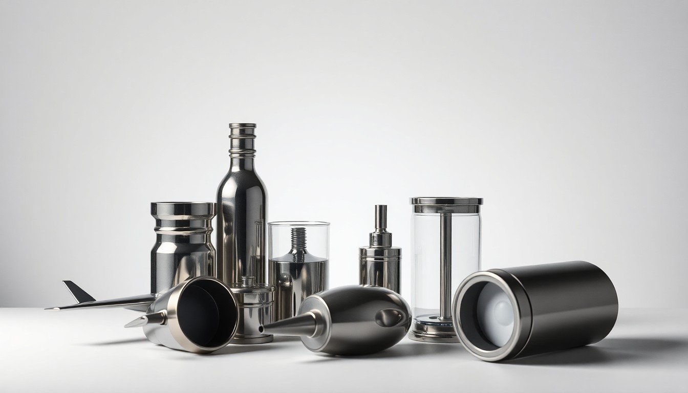 A photorealistic studio still life featuring a carefully arranged composition of premium metal and glass objects on a clean, monochromatic background, conceptually representing the abstract themes of airline competition, airport capacity, and federal regulation.