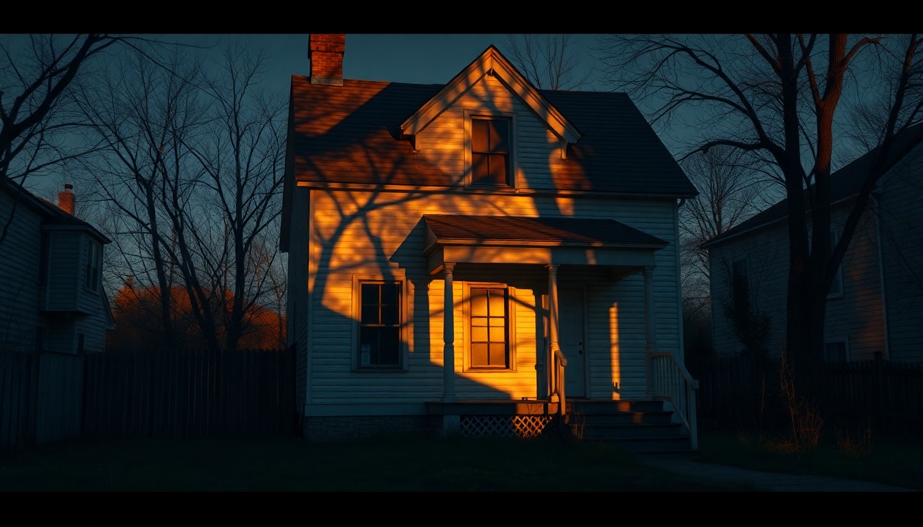 A nostalgic, cinematic painting of an old, weathered house in a residential neighborhood, with warm sunlight casting long shadows across the scene, conveying a sense of the historical harms outlined in the Fulton County reparations report.