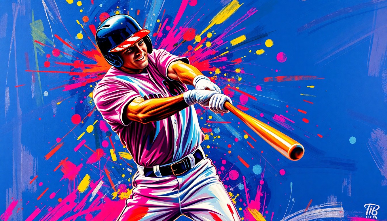 An abstract, expressionist painting featuring vibrant neon colors and rapid brushstrokes capturing the dynamic motion and impact of a baseball player's powerful home run swing, with the player's face and details dissolved into unrecognizable splatters of paint.