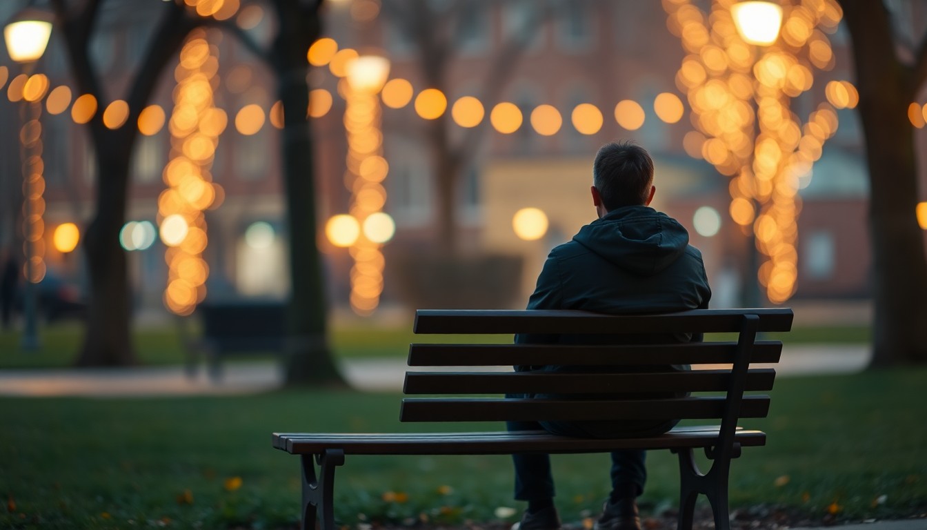 An abstract, impressionistic scene of a person sitting on a park bench, with soft, blurred lights and colors in the background, conveying a sense of warmth and community.