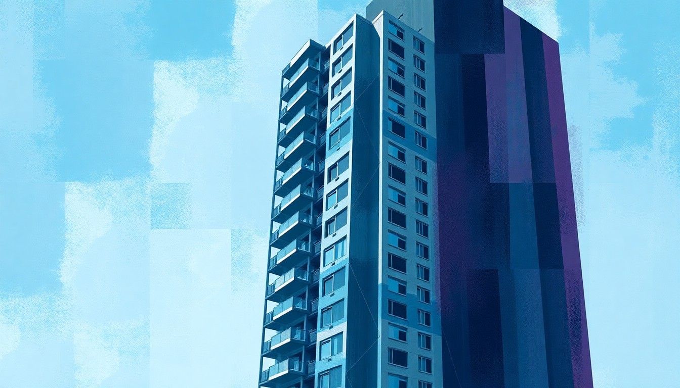 A fragmented, abstract painting of a tall city building in overlapping waves of blue, grey, and purple hues, conveying the fractured political debate over taxing the wealthy.