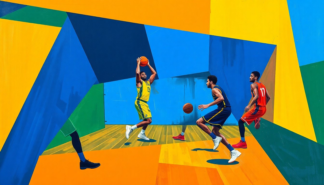 A fractured, multi-perspective painting in a cubist style, breaking down a basketball game into sharp, overlapping geometric shapes in a vibrant color palette, conceptually representing the financial complexities surrounding NBA policy changes.