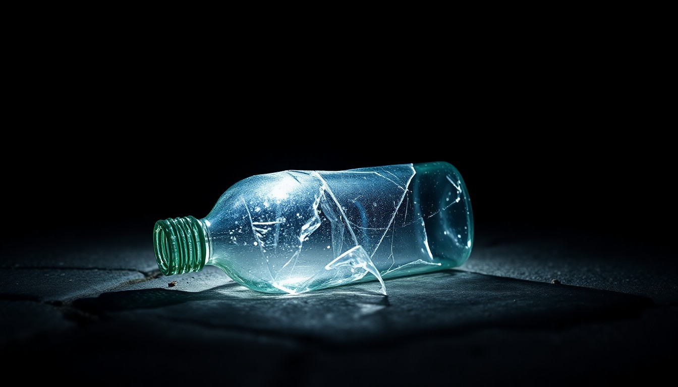 An extreme close-up photograph of a broken glass bottle on the sidewalk, lit by a harsh, direct camera flash against a pitch-black background, conveying the stark, investigative aesthetic of the crime scene.