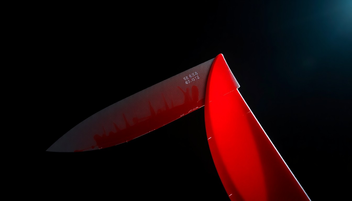 An extreme close-up of a bloodied knife, its metallic surface reflecting a harsh white light against a pitch-black background, conveying the somber and investigative nature of a domestic violence incident.