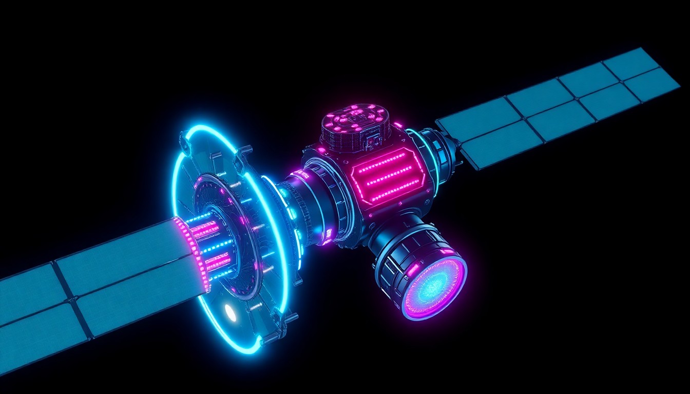 A highly detailed, glowing 3D illustration of a satellite bus with its key components illuminated by neon cyan and magenta lights, conceptually representing the advanced digital infrastructure and maneuverable capabilities of this new mid-class satellite platform.