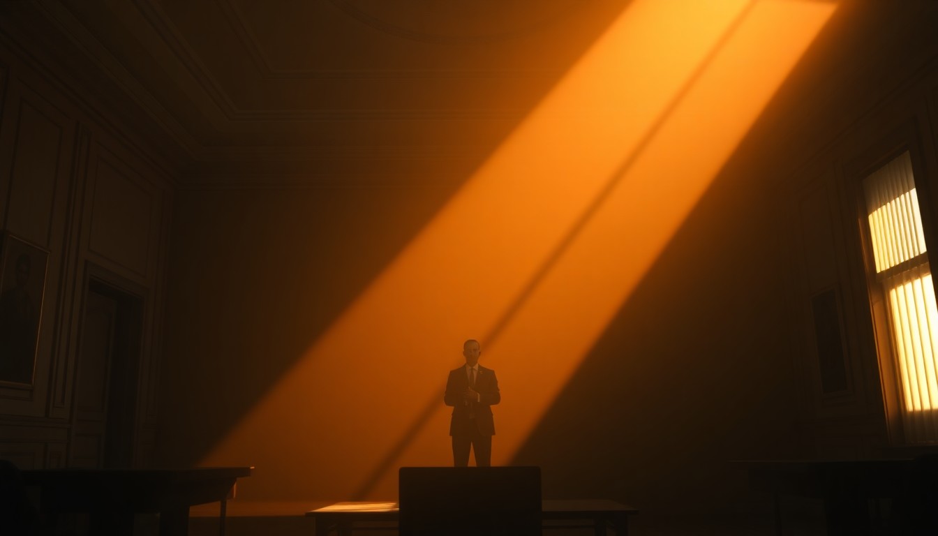 A moody, cinematic painting of a solitary figure standing in a dimly lit government office, with warm diagonal sunlight casting deep shadows, conceptually representing the political tensions and legal uncertainties surrounding the case of the former Brazilian intelligence chief.