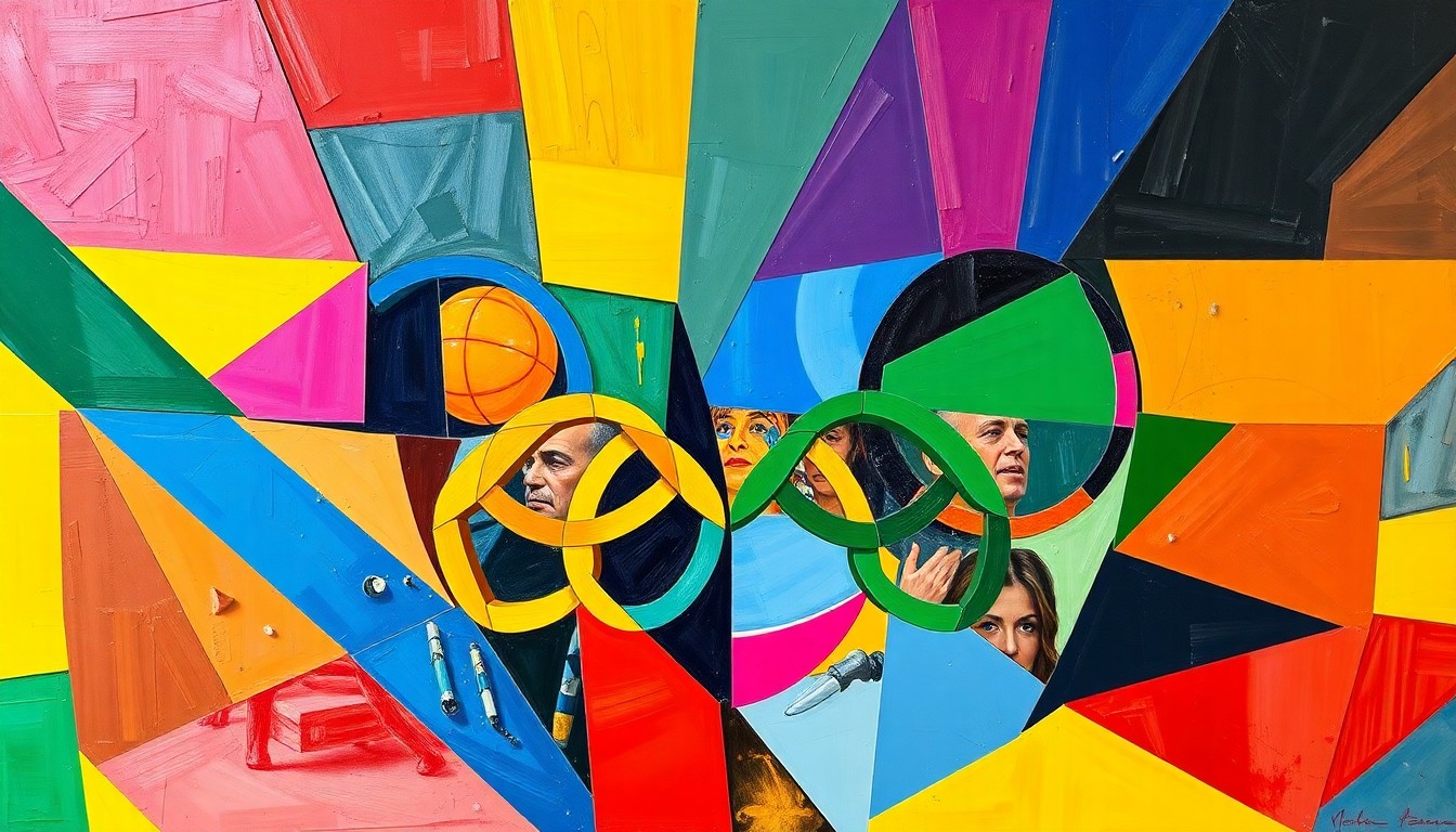 A cubist, geometric painting in vibrant colors depicting the 2028 Los Angeles Olympics as a fractured, multi-perspective scene, conceptually representing the controversy and tension surrounding the event's leadership.