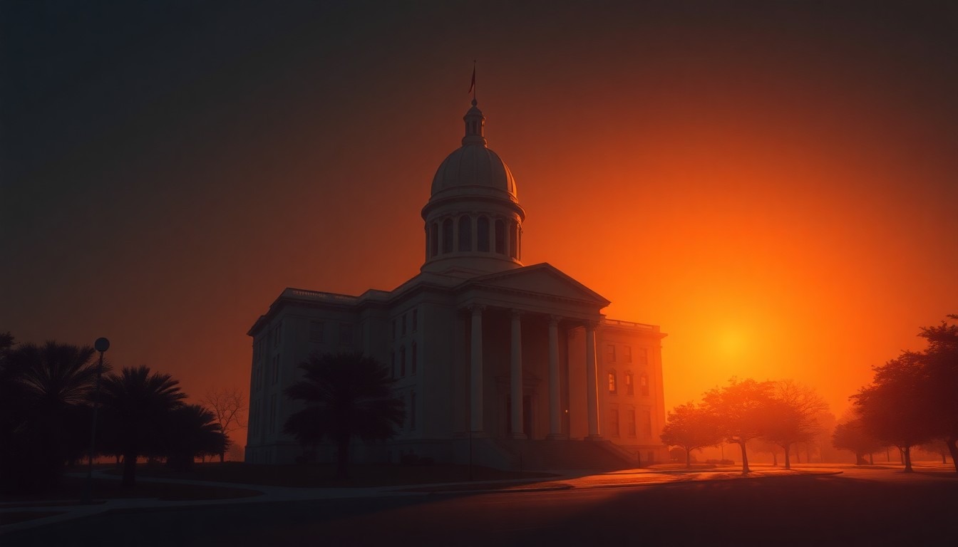 A serene, cinematic painting of the Louisiana state capitol building, its grand architecture and columns bathed in warm, golden light and deep shadows, conveying a sense of quiet contemplation over the state's political landscape.