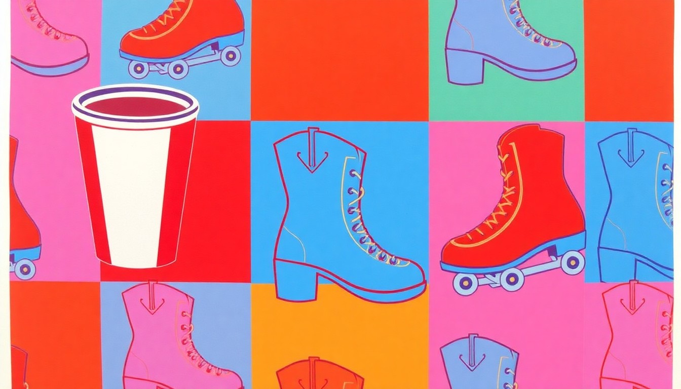 A vibrant, high-contrast silkscreen print featuring repeated images of a coffee cup, cowboy boot, and roller skate in a grid pattern, capturing the diverse range of events happening in Rockford this weekend.