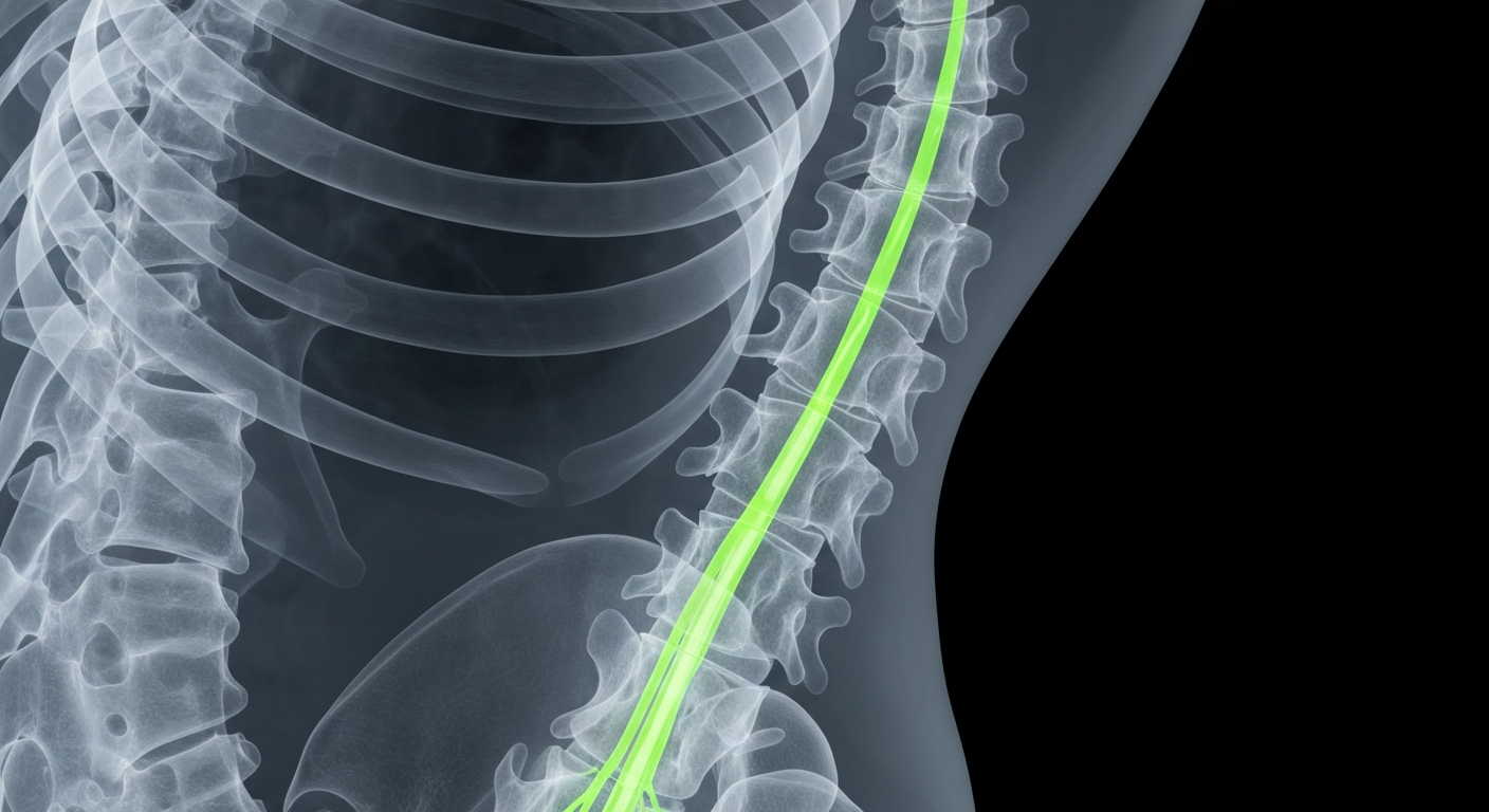 A ghostly, translucent X-ray image of the human spine, with the sciatic nerve highlighted in a glowing neon green, conceptually illustrating the intricate anatomy involved in sciatica.