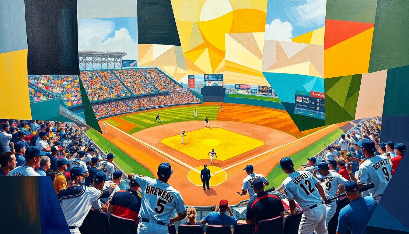 A cubist, geometric painting depicting a baseball game in progress, with players, bats, and basepaths fractured into overlapping planes of color, conceptually representing the Brewers' adaptable offensive approach.