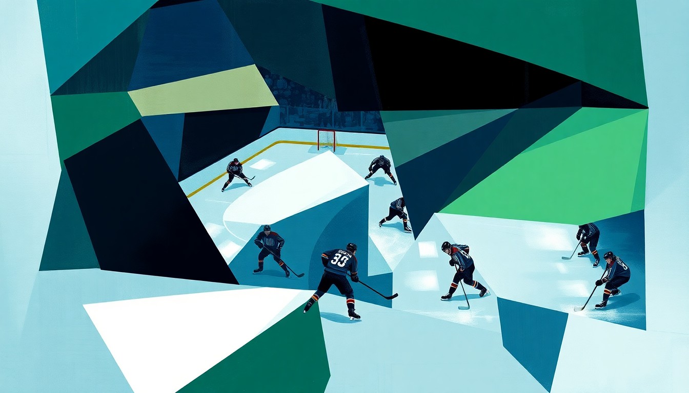 A cubist, geometric painting depicting a hockey game, with the players and ice reduced to angular, overlapping shapes in shades of blue, green, and gray, conveying the intensity and energy of the sport.
