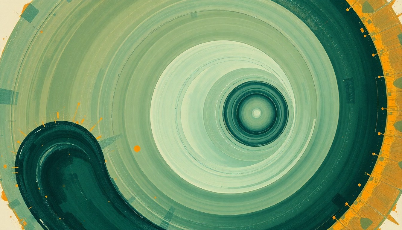 A highly structured abstract painting in soft, earthy tones of green, blue, and orange, featuring sweeping geometric arcs, concentric circles, and precise botanical spirals, conceptually representing the complex technical forces and scientific concepts involved in the Artemis II spacecraft's journey.