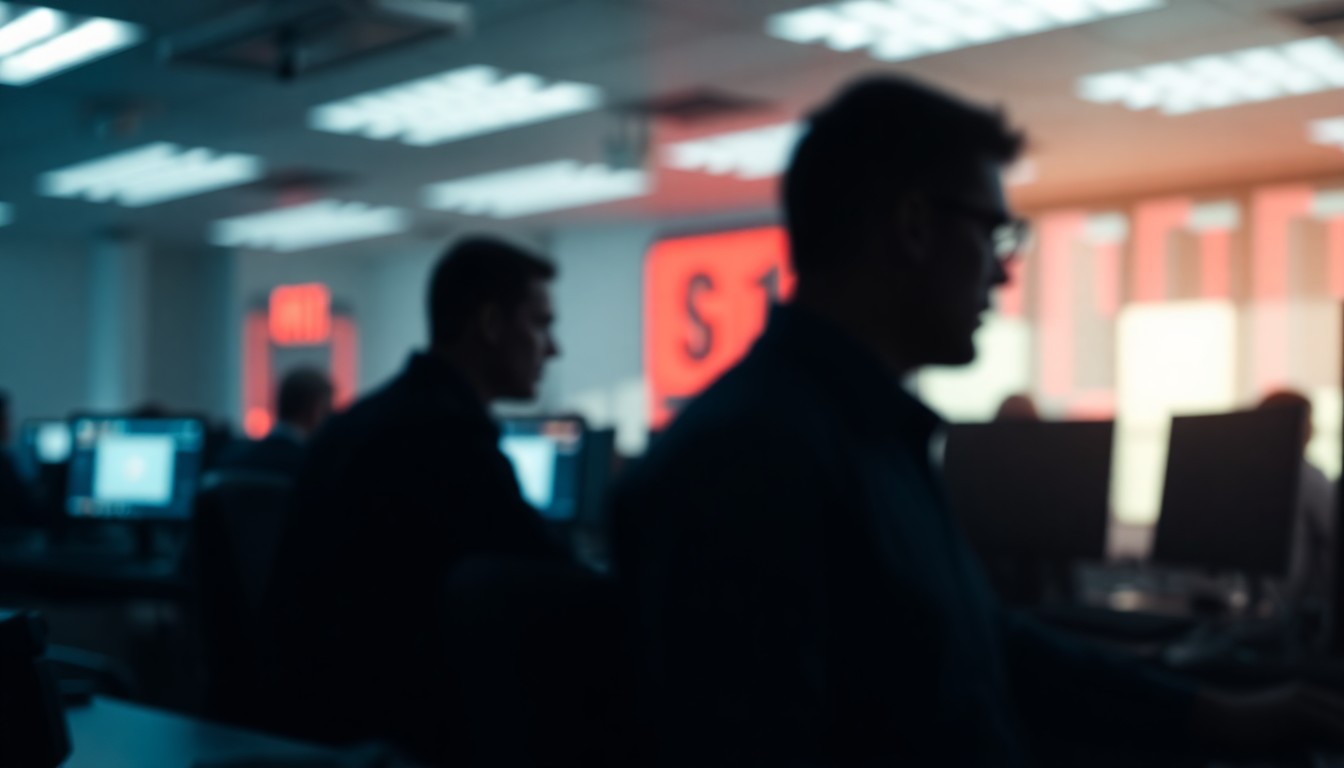 An extremely abstracted, out-of-focus photograph of a 911 call center, with blurred silhouettes of dispatchers at their workstations surrounded by warm, glowing pools of light, conceptually representing the unsung heroes of emergency response.