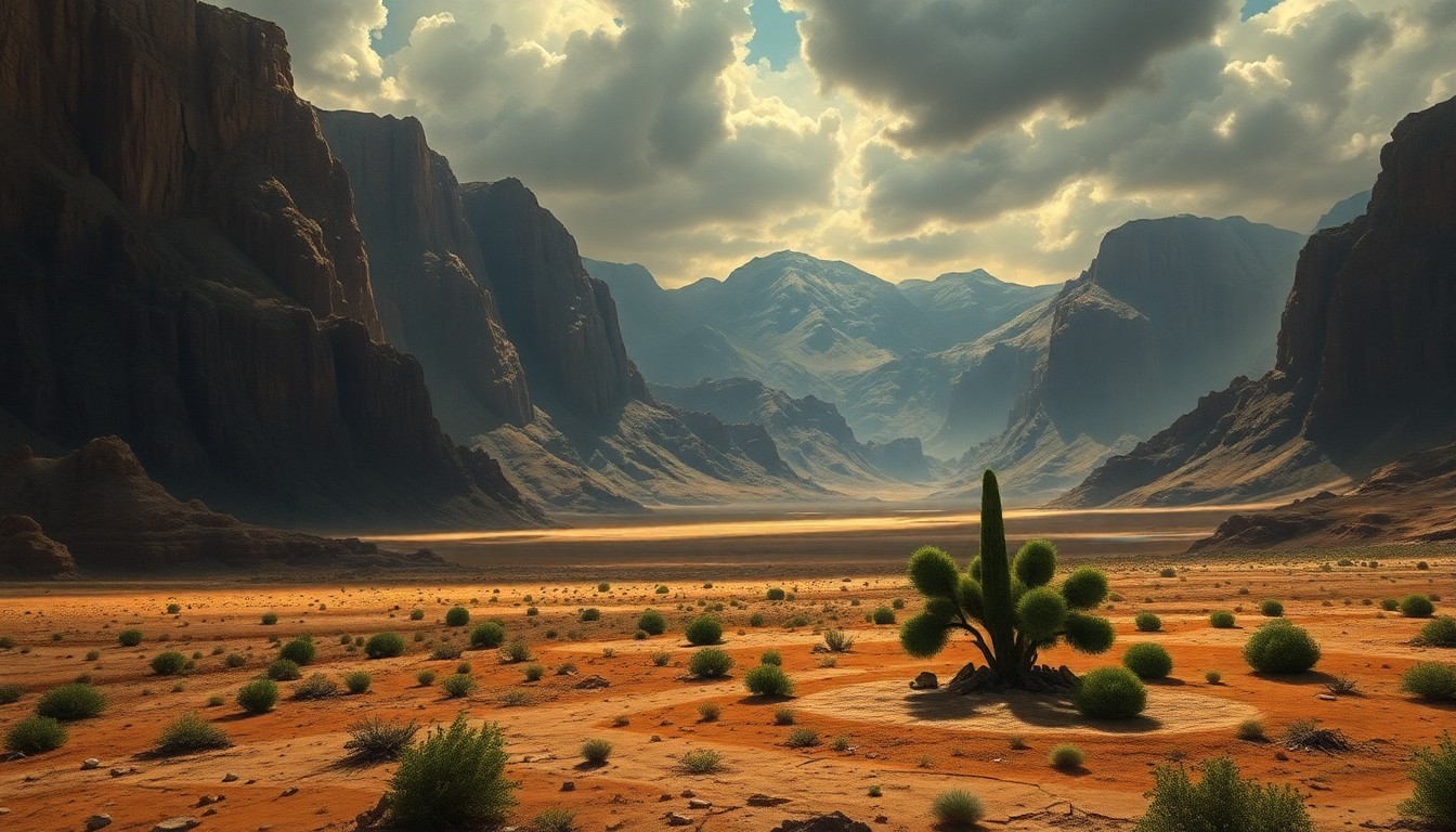 A sweeping, atmospheric landscape painting depicting a vast, arid environment with a small, struggling garden or irrigation system in the foreground, conveying the overwhelming scale and harsh conditions of the drought.
