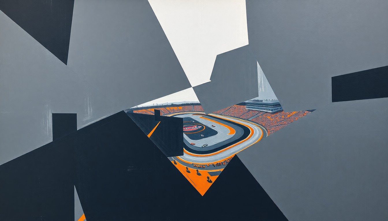 A fragmented, abstract painting depicting a NASCAR race in sharp, angular shapes and planes of dark grey, navy blue, and bright orange, capturing the raw energy and movement of the event.