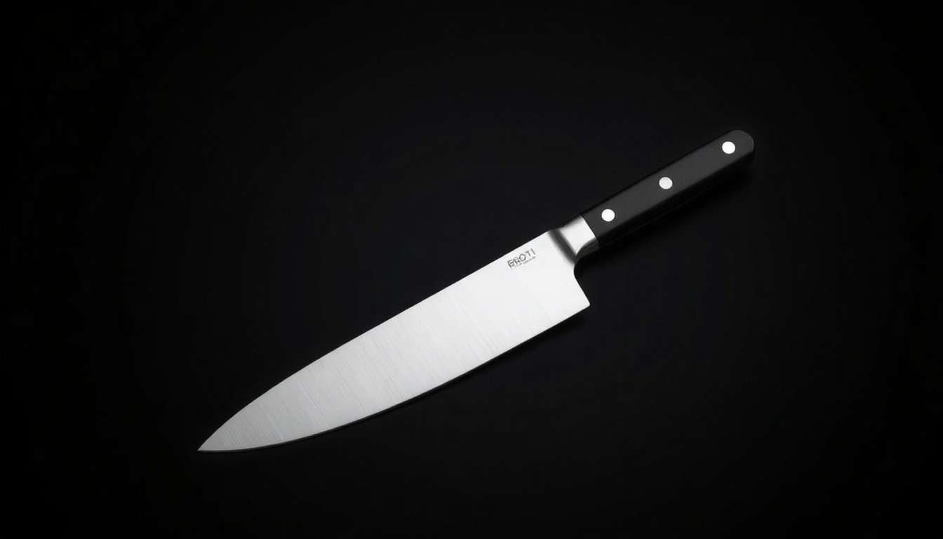 A close-up photograph of a single, polished steak knife resting on a dark, monochromatic background, representing the core product and identity of the 801 Chophouse brand in a clean, premium manner.